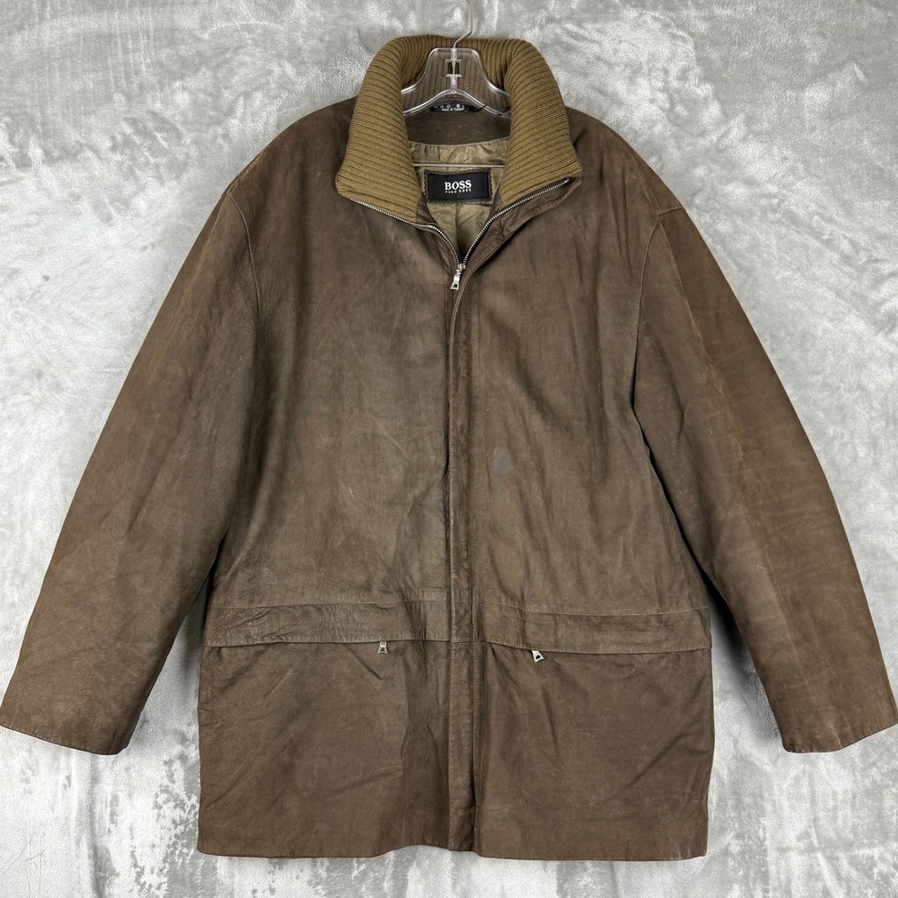 BOSS‎ Hugo Boss Mens Brown Leather Full Zip Collar Jacket Coat Size 40R